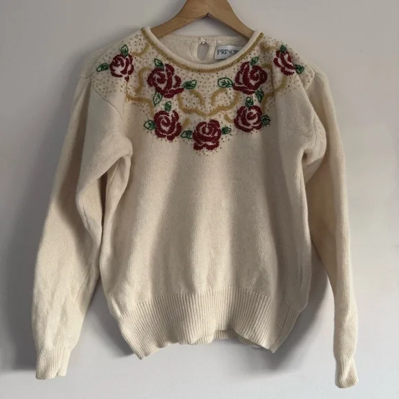 Vintage Principles Ivory Sweater with Burgundy Rose Pattern and Beading - Picture 1 of 5